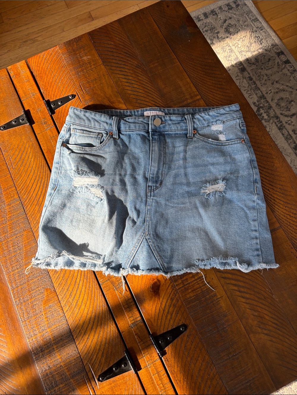 Distressed Denim Mini Skirt, Light Blue